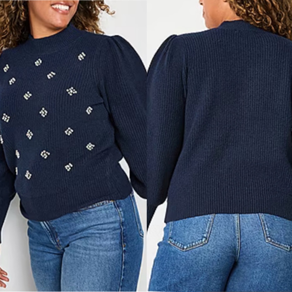 Liz Claiborne Embellished Navy Mock Neck Sweater - Picture 4 of 9